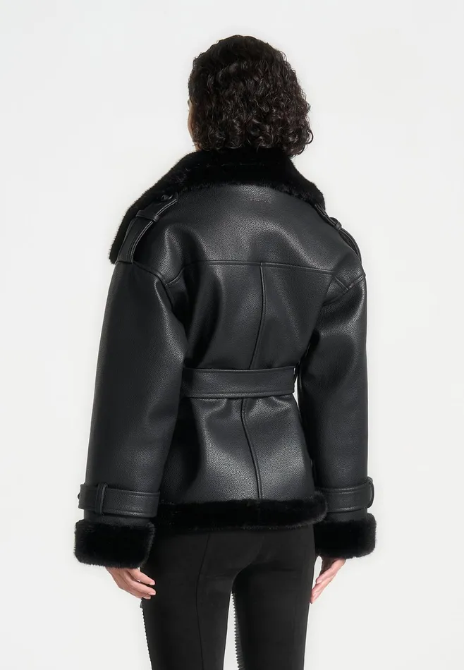Women Manire De Voir Leather And Plush Wrap Belted Jacket Black