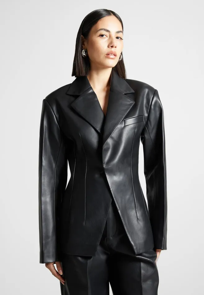 Women Manire De Voir Leather Double Breasted Blazer Black