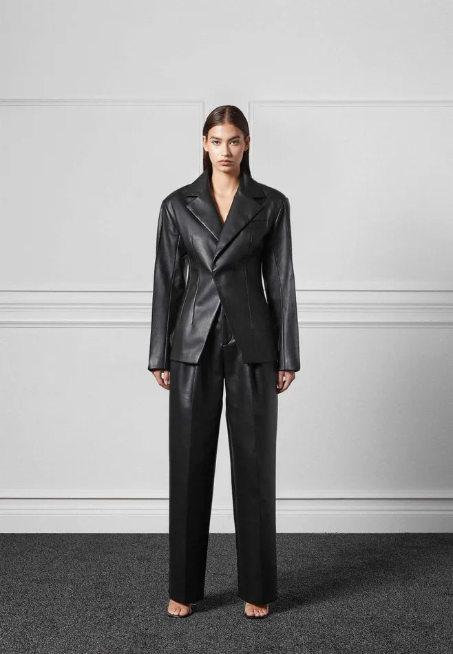 Women Manire De Voir Leather Double Breasted Blazer Black