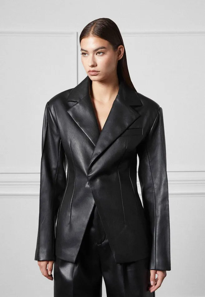 Women Manire De Voir Leather Double Breasted Blazer Black