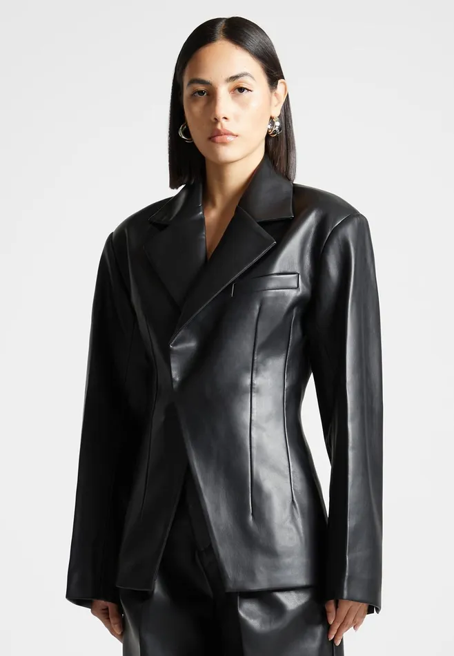 Women Manire De Voir Leather Double Breasted Blazer Black