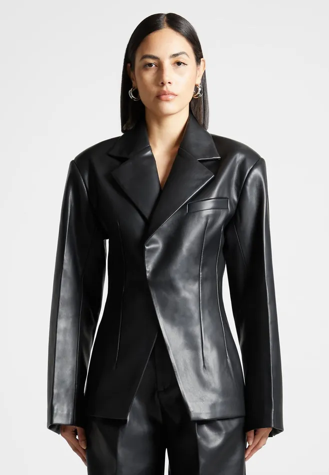 Women Manire De Voir Leather Double Breasted Blazer Black