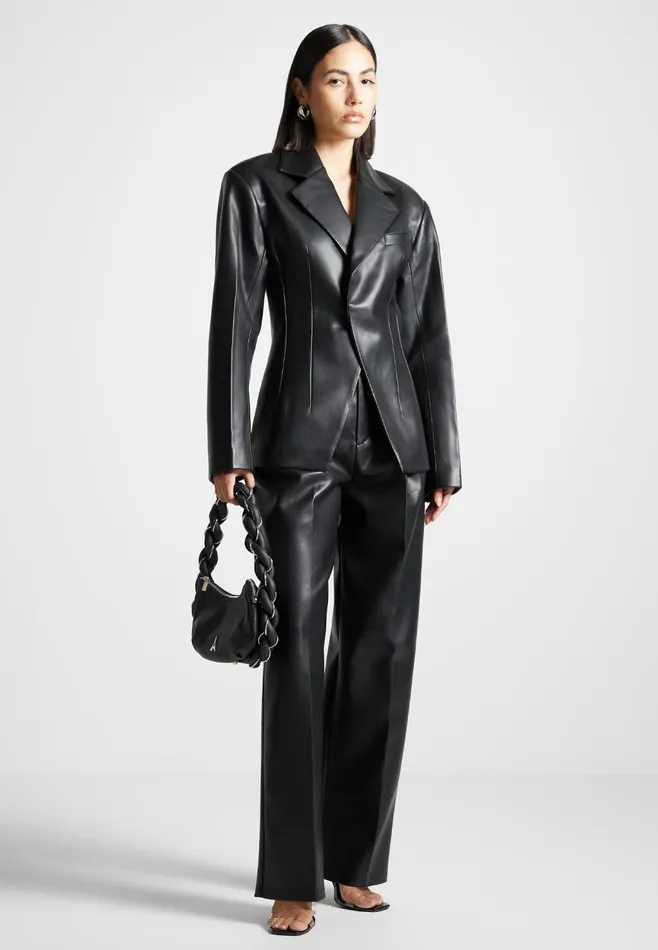 Women Manire De Voir Leather Double Breasted Blazer Black