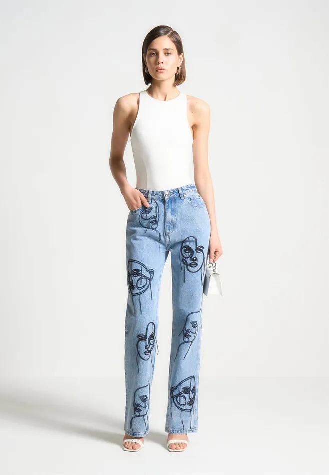 Women Manire De Voir Line Art Boyfriend Jeans Mid Blue