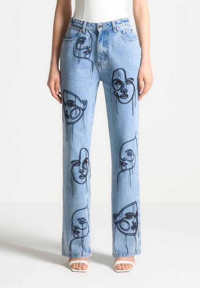 Women Manire De Voir Line Art Boyfriend Jeans Mid Blue