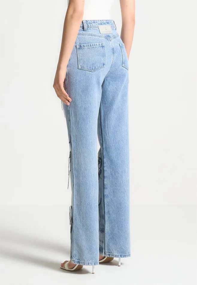Women Manire De Voir Line Art Boyfriend Jeans Mid Blue