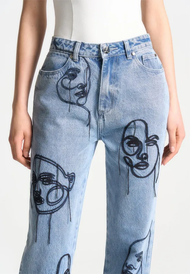 Women Manire De Voir Line Art Boyfriend Jeans Mid Blue