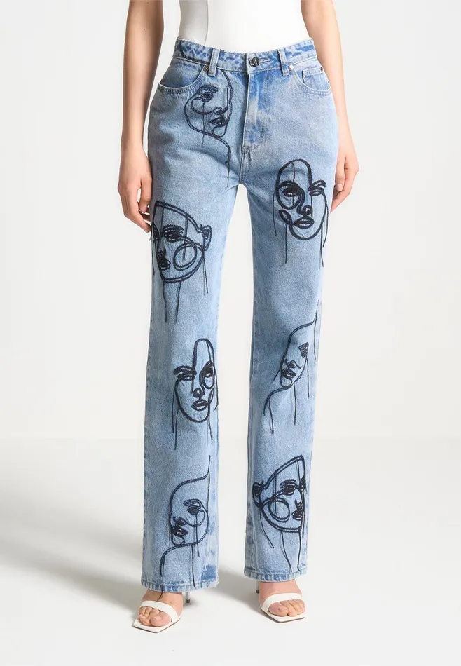 Women Manire De Voir Line Art Boyfriend Jeans Mid Blue