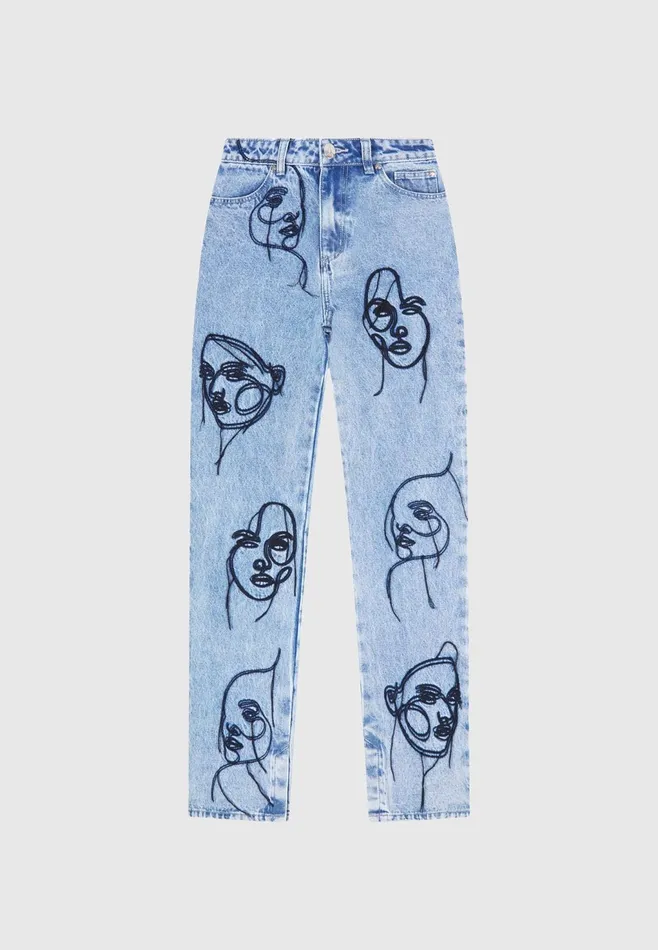Women Manire De Voir Line Art Boyfriend Jeans Mid Blue