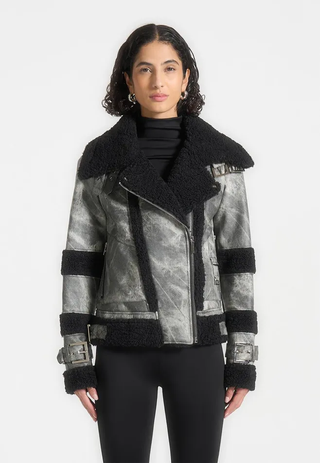 Women Manire De Voir Marbled Leather Borg Biker Jacket Black