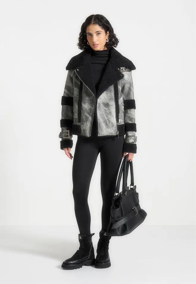 Women Manire De Voir Marbled Leather Borg Biker Jacket Black