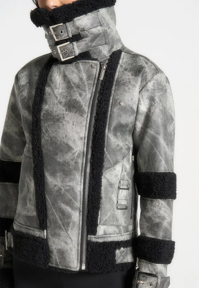 Women Manire De Voir Marbled Leather Borg Biker Jacket Black