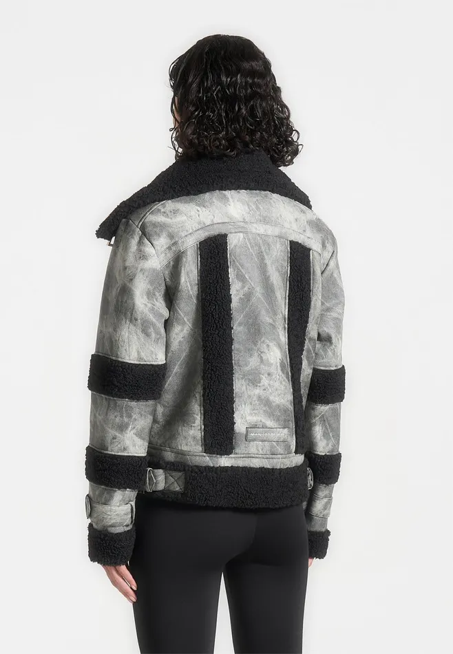 Women Manire De Voir Marbled Leather Borg Biker Jacket Black