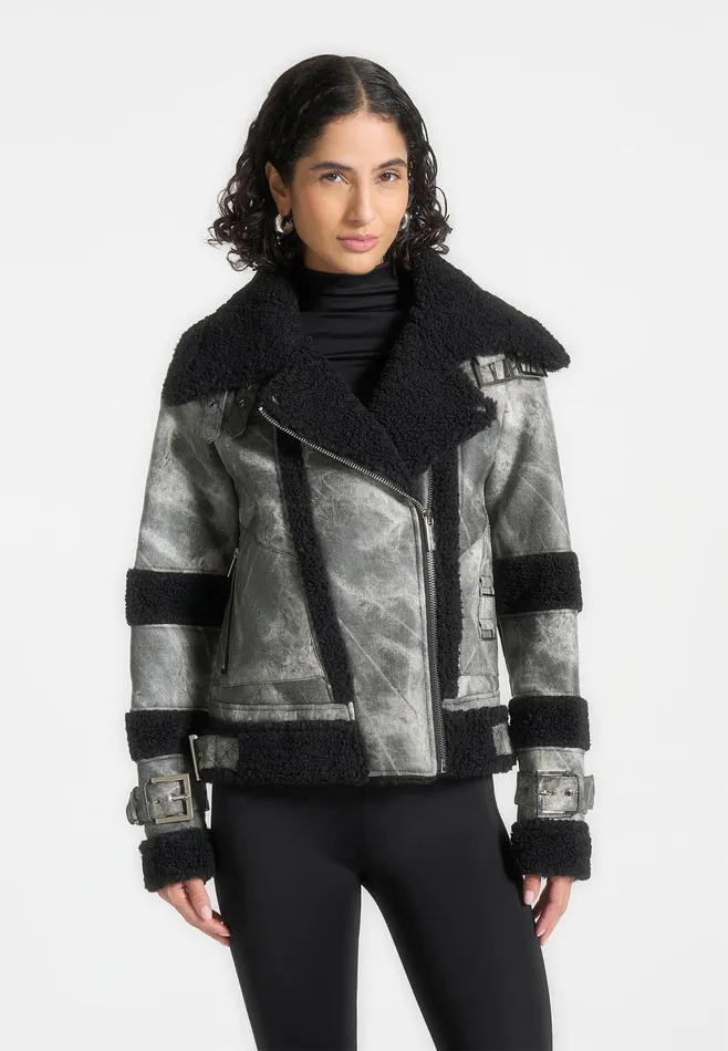 Women Manire De Voir Marbled Leather Borg Biker Jacket Black