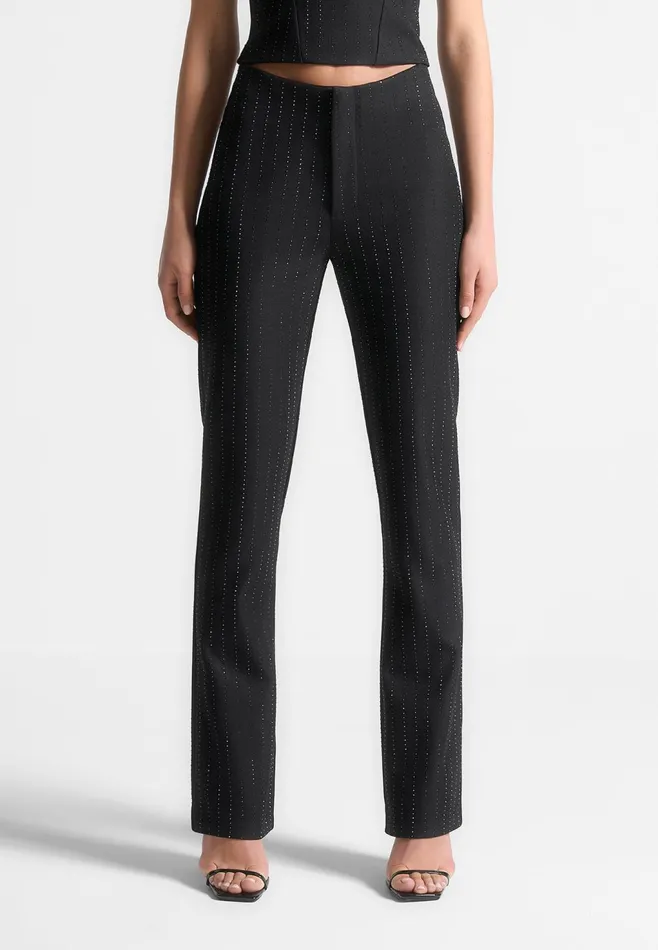 Women Manire De Voir Rhinestone Tailored Straight Leg Trousers Black