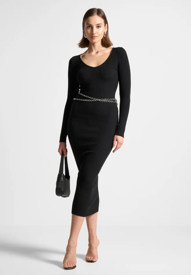 Women Manire De Voir Ribbed Knit Midaxi Dress With Chain Belt Black
