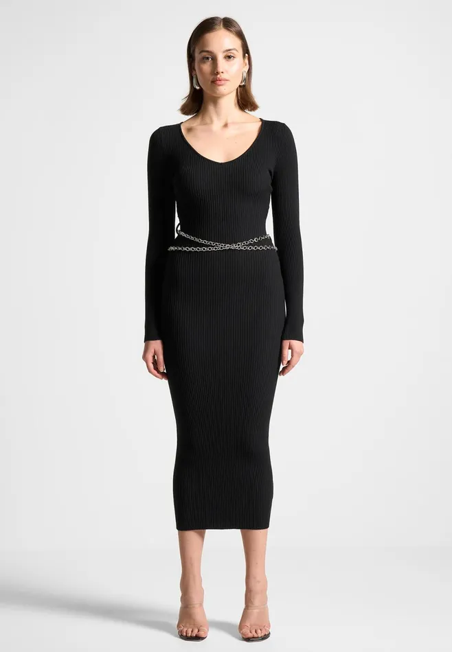 Women Manire De Voir Ribbed Knit Midaxi Dress With Chain Belt Black