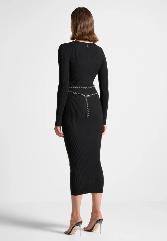 Women Manire De Voir Ribbed Knit Midaxi Dress With Chain Belt Black