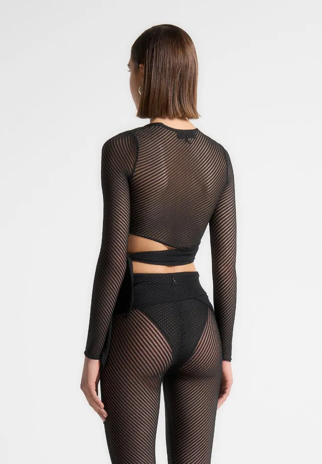 Women Manire De Voir Ribbed Sheer Top With Tie Black