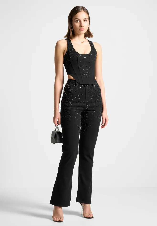 Women Manire De Voir Scattered Rhinestone Mini Flare Jeans Black