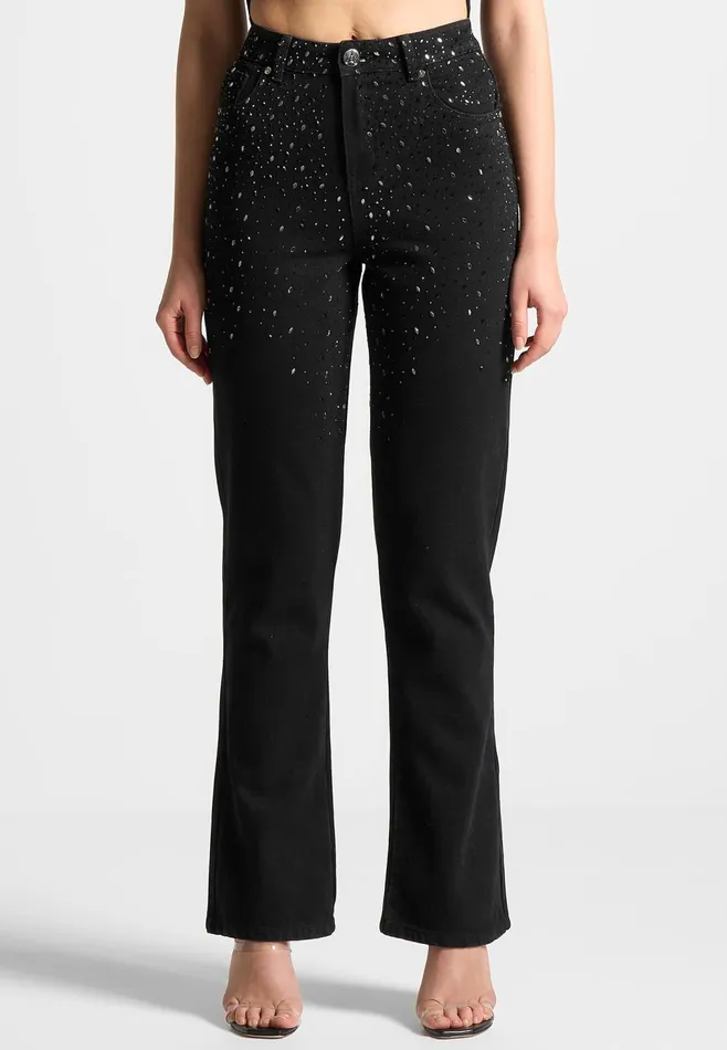 Women Manire De Voir Scattered Rhinestone Mini Flare Jeans Black