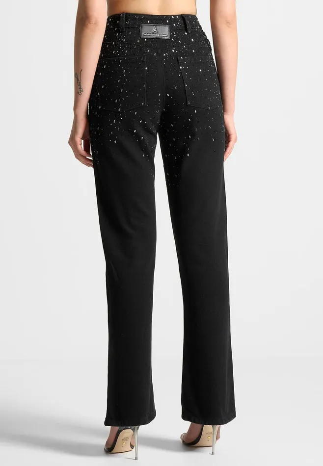 Women Manire De Voir Scattered Rhinestone Mini Flare Jeans Black