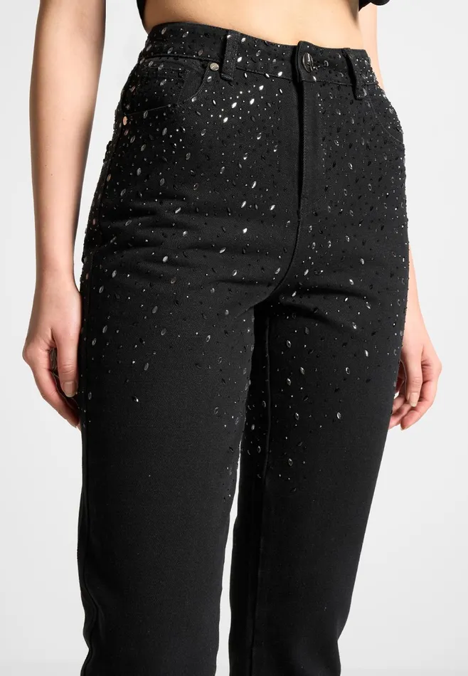 Women Manire De Voir Scattered Rhinestone Mini Flare Jeans Black