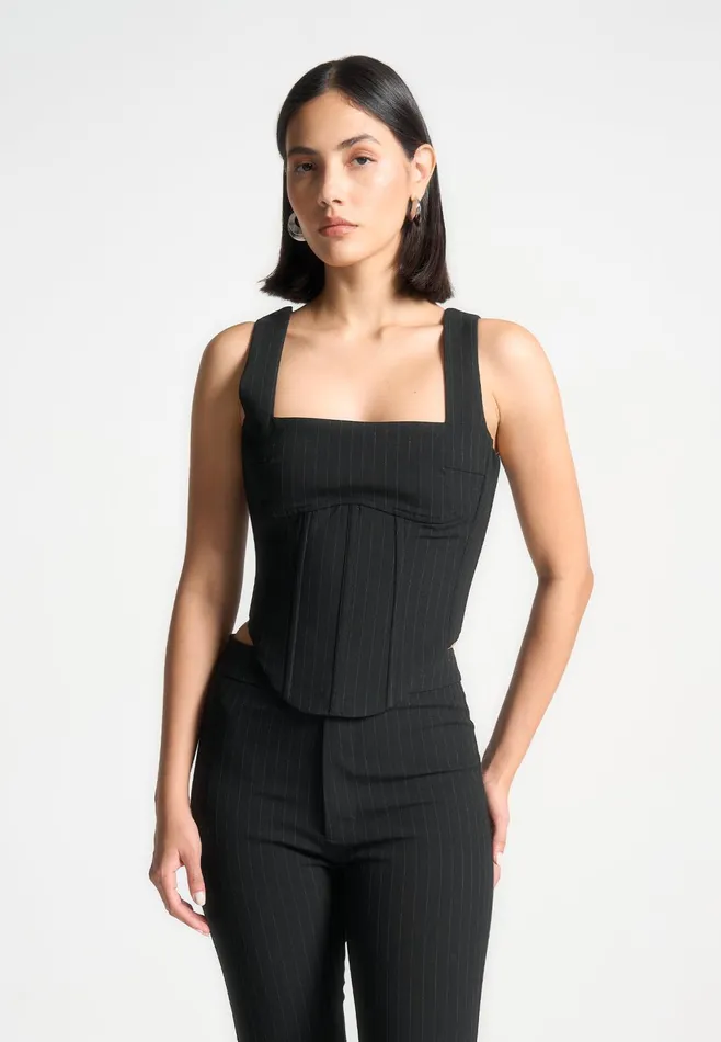 Women Manire De Voir Square Neck Pinstripe Corset Top Black
