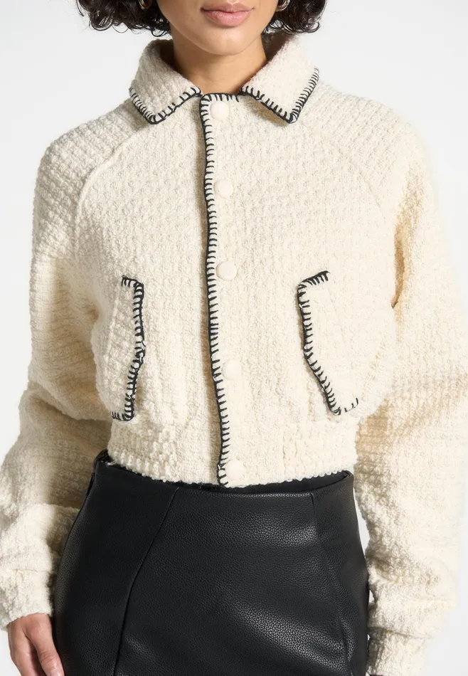 Women Manire De Voir Tweed Whip Stitch Varsity Jacket Cream