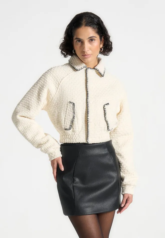Women Manire De Voir Tweed Whip Stitch Varsity Jacket Cream