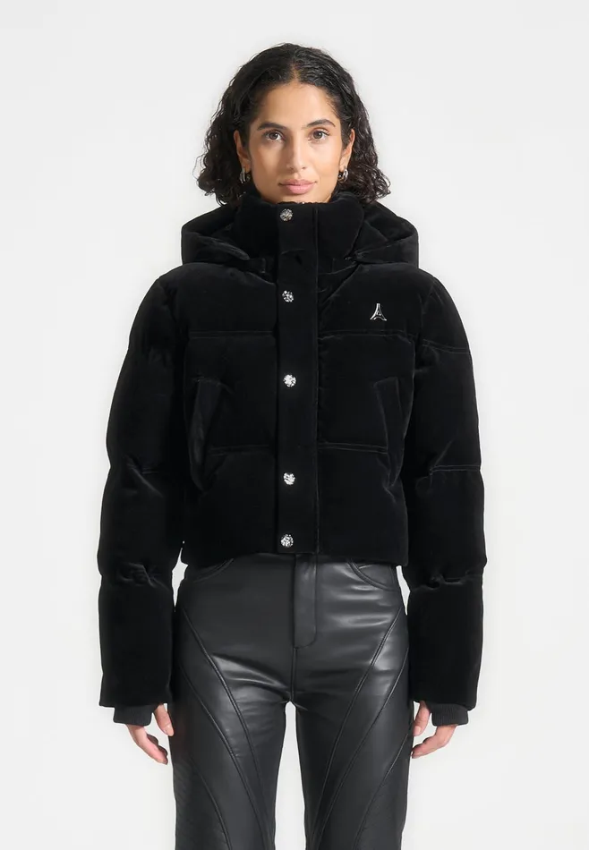Women Manire De Voir Velvet Eiffel Cropped Puffer Jacket Black