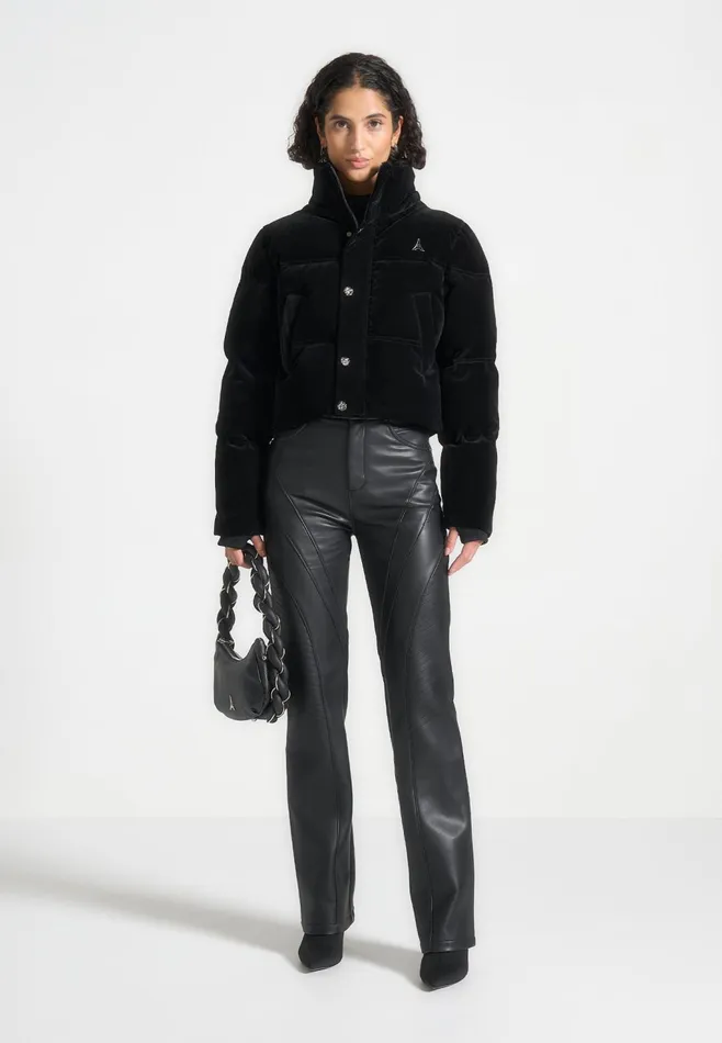 Women Manire De Voir Velvet Eiffel Cropped Puffer Jacket Black
