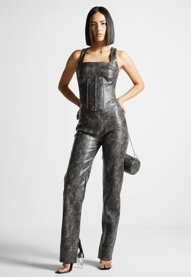 Women Manire De Voir Vintage Leather Trousers Grey