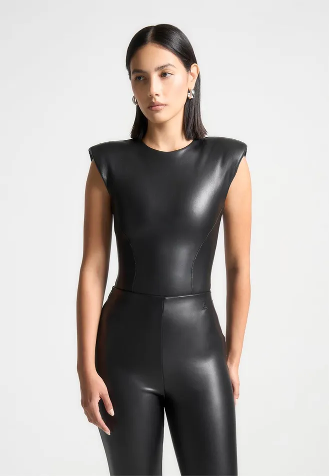Women Manire De Voir Wide Shoulder Leather Bodysuit Black