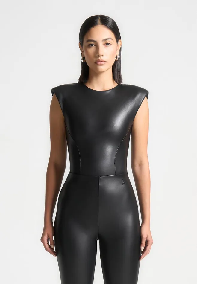 Women Manire De Voir Wide Shoulder Leather Bodysuit Black