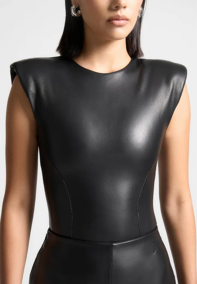 Women Manire De Voir Wide Shoulder Leather Bodysuit Black