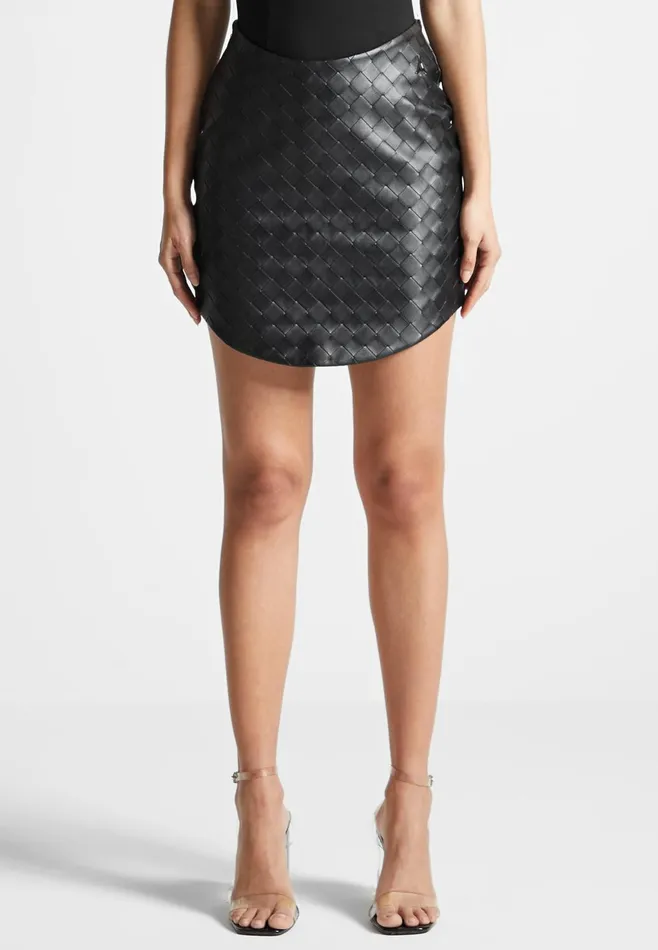 Women Manire De Voir Woven Leather Dipped Waist Mini Skirt Black