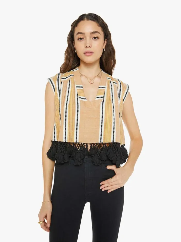 Women Mother Denim Nehru Stripe Fringe Top Ivory Sun