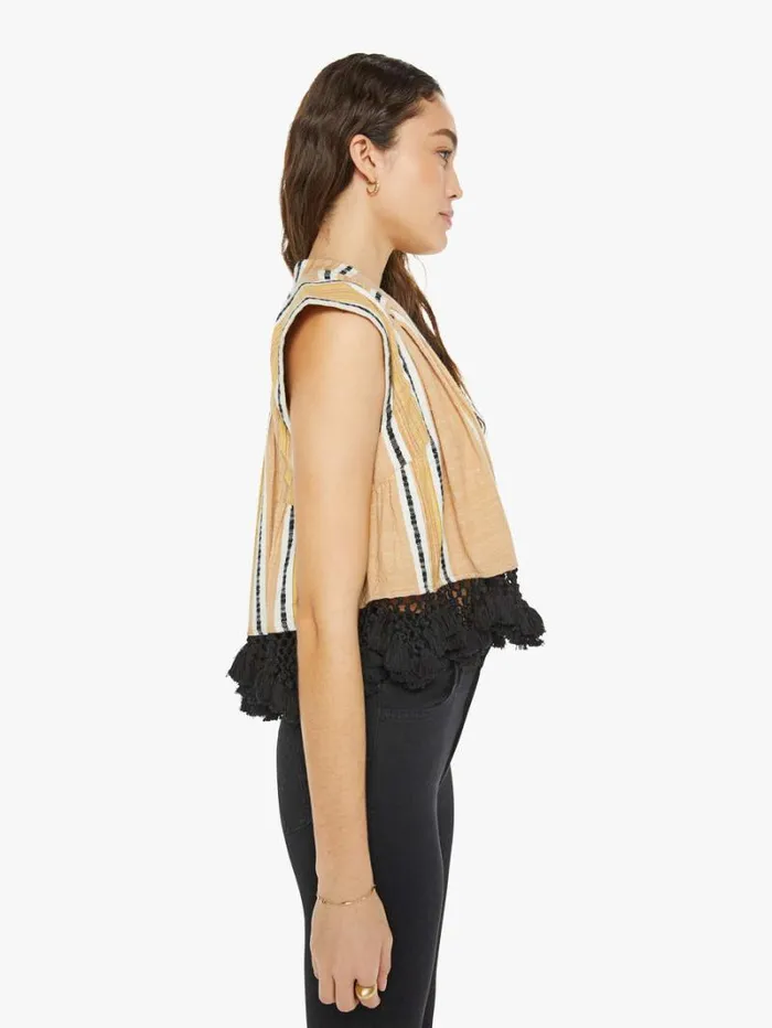 Women Mother Denim Nehru Stripe Fringe Top Ivory Sun