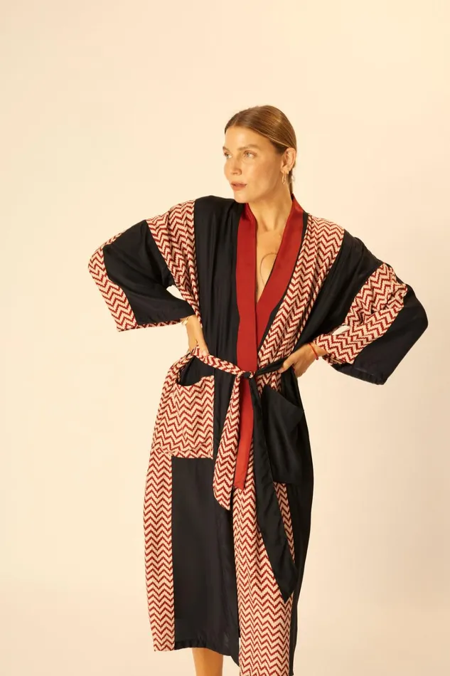 Women Natalie Martin CoverUps Diane Long Robe Block Zigzag Noire