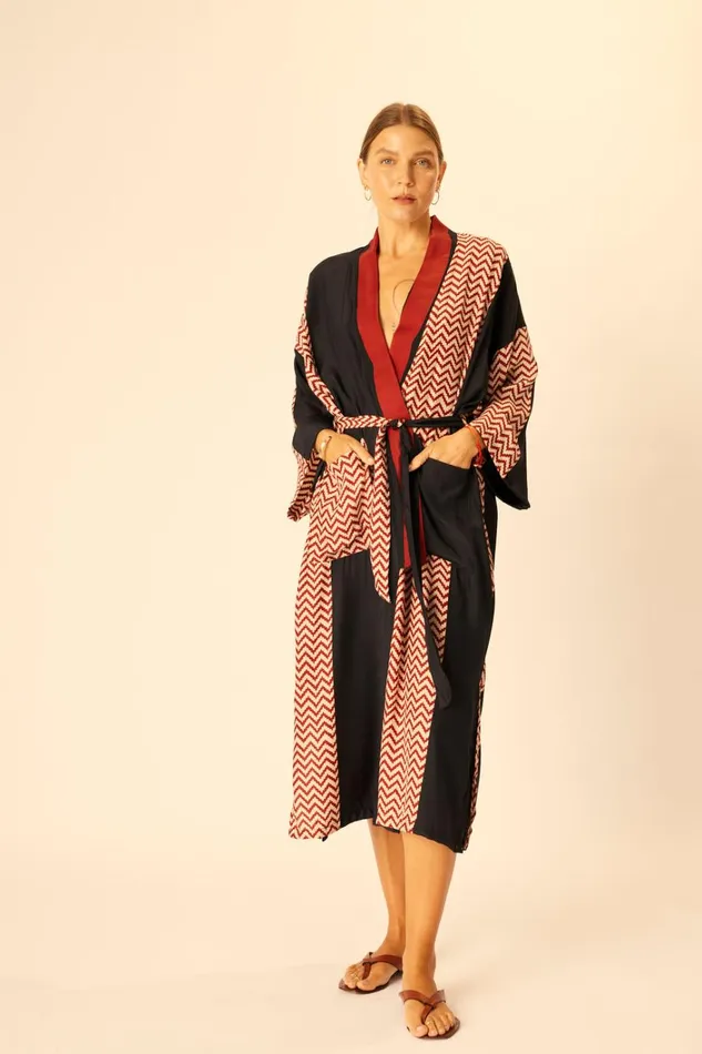 Women Natalie Martin CoverUps Diane Long Robe Block Zigzag Noire