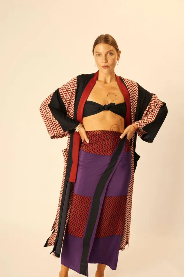 Women Natalie Martin CoverUps Diane Long Robe Block Zigzag Noire