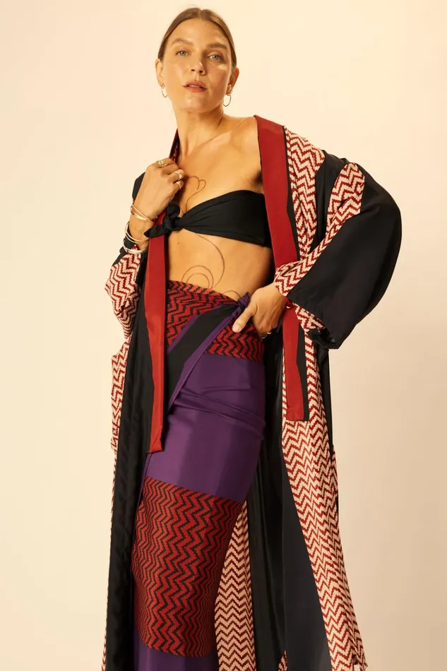Women Natalie Martin CoverUps Diane Long Robe Block Zigzag Noire