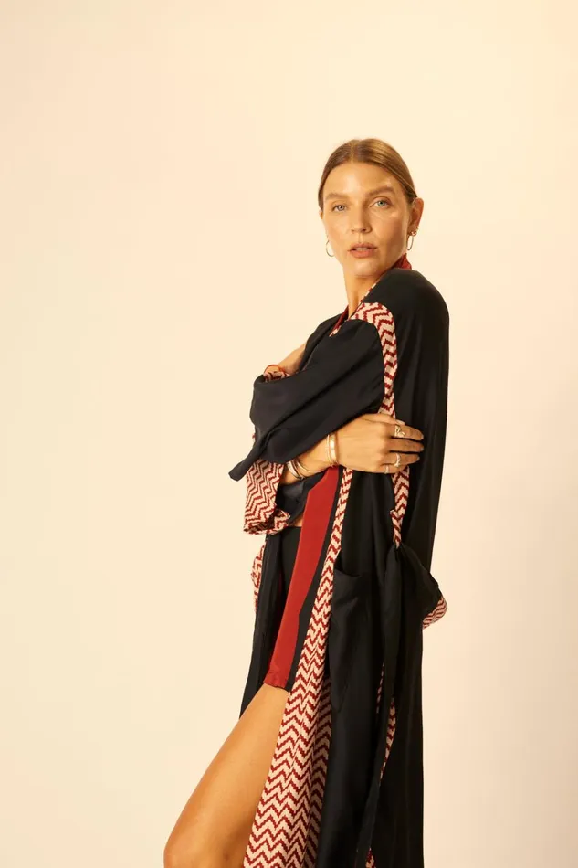 Women Natalie Martin CoverUps Diane Long Robe Block Zigzag Noire