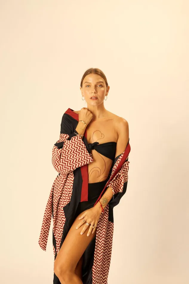 Women Natalie Martin CoverUps Diane Long Robe Block Zigzag Noire