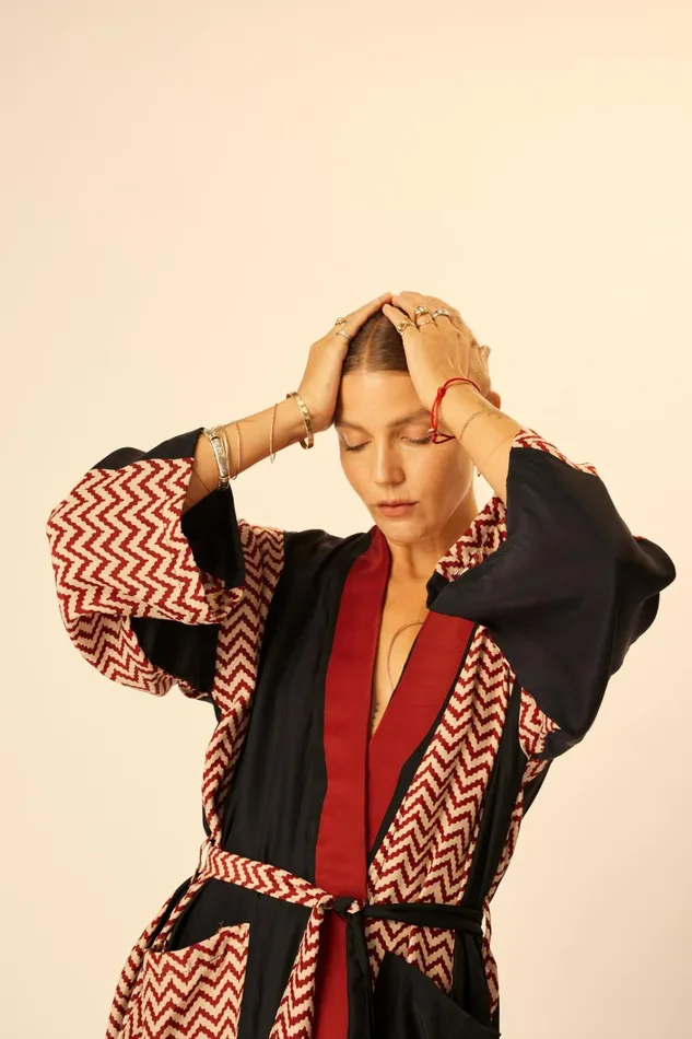 Women Natalie Martin CoverUps Diane Long Robe Block Zigzag Noire