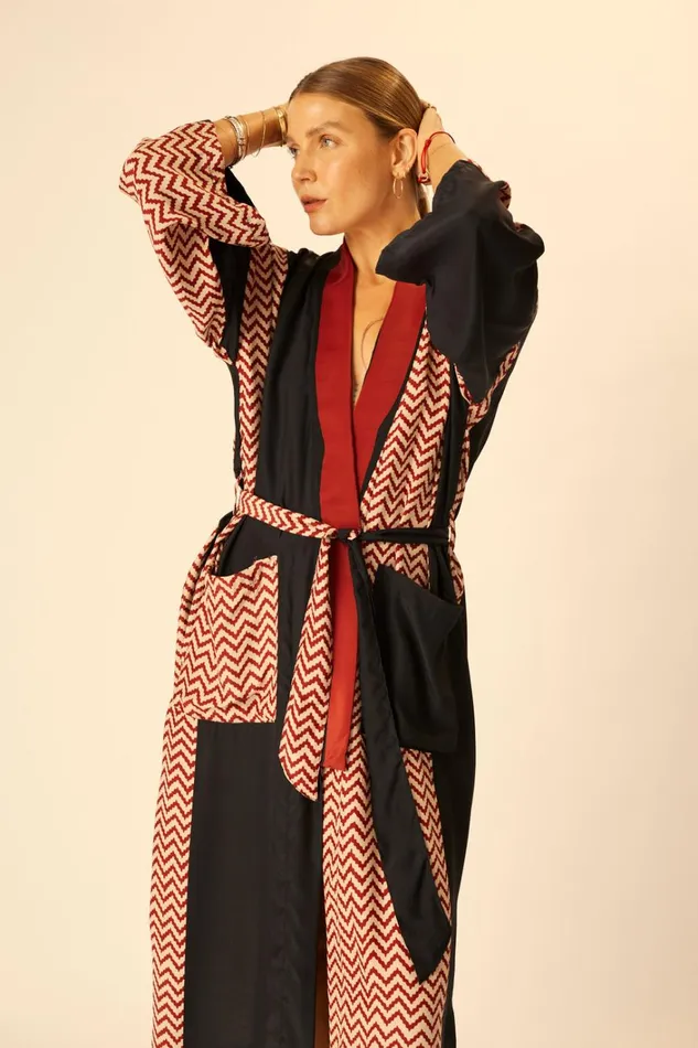 Women Natalie Martin CoverUps Diane Long Robe Block Zigzag Noire
