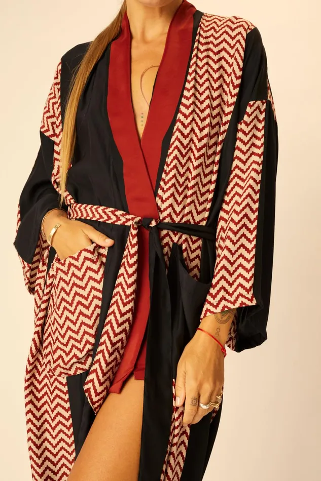 Women Natalie Martin CoverUps Diane Long Robe Block Zigzag Noire