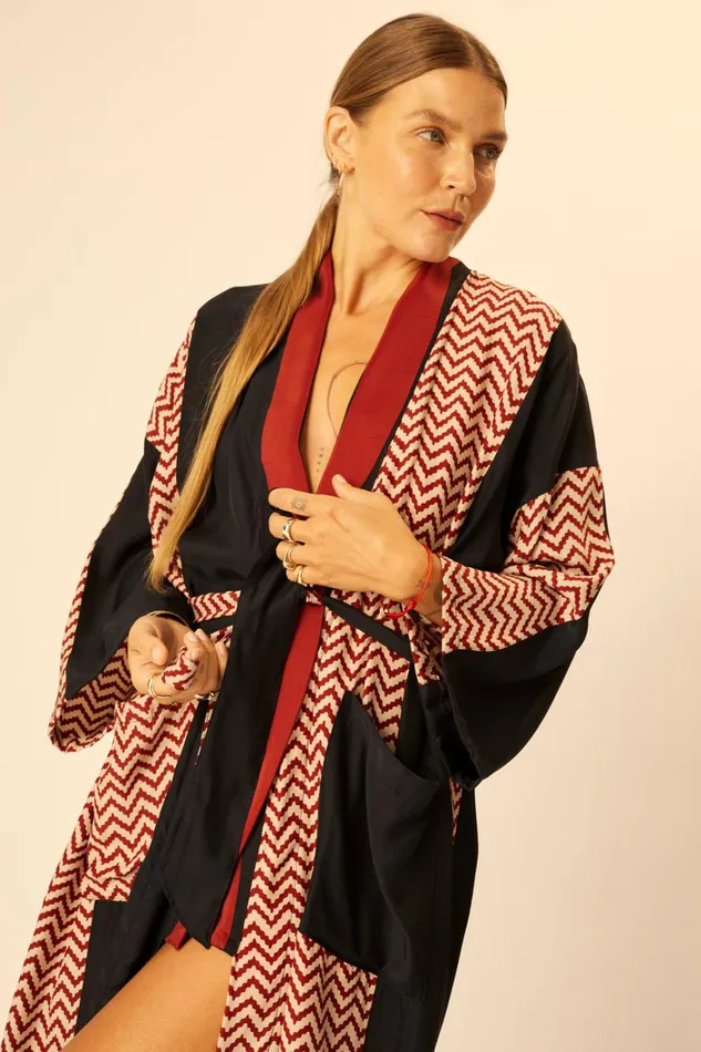 Women Natalie Martin CoverUps Diane Long Robe Block Zigzag Noire
