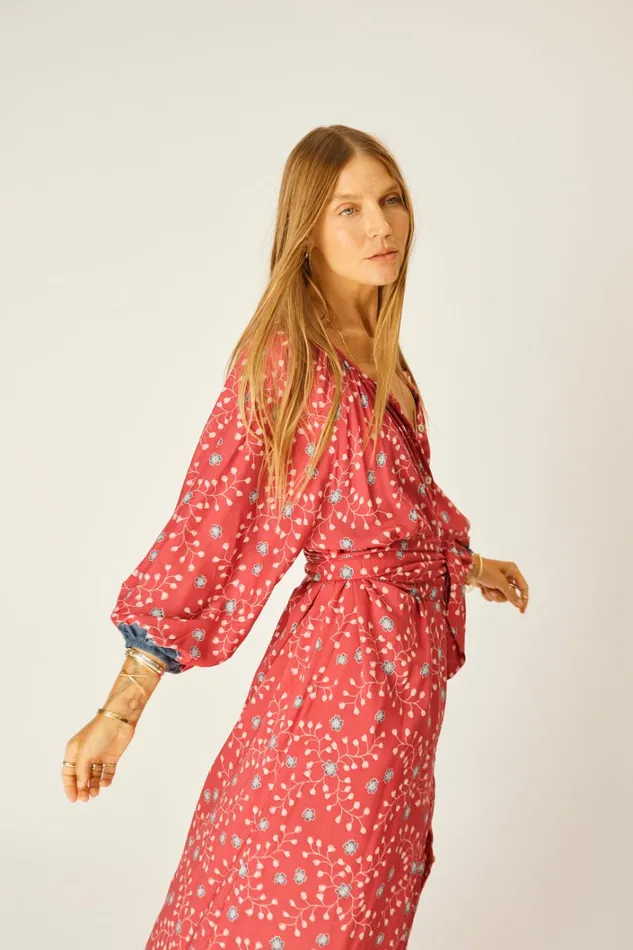 Women Natalie Martin Dresses Alex Midi With Sash Pinwheel Barn Red